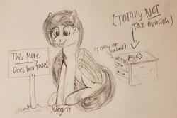 Size: 3024x2013 | Tagged: safe, artist:kalashnikitty, oc, oc:flugel, pony, black and white, desk, female, grayscale, happy, horse taxes, innocent, mare, monochrome, nothing to see here, pencil drawing, sign, sitting, sketch, solo, tax evasion, taxes, traditional art