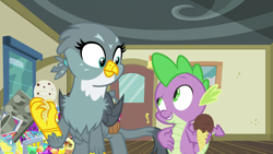 Size: 1920x1080 | Tagged: safe, screencap, gabby, spike, dragon, griffon, dragon dropped, female, food, ice cream, male, winged spike