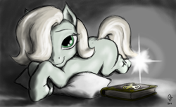 Size: 1800x1100 | Tagged: safe, artist:trefoiler, oc, oc only, oc:emerald jewel, earth pony, pony, alternate color palette, bedroom eyes, blank flank, book, colt, colt quest, femboy, foal, hair over one eye, light spell, looking at you, lying down, magic, male, pillow, prone, smiling, solo