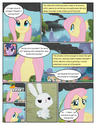 Size: 612x792 | Tagged: safe, artist:newbiespud, derpibooru import, edit, edited screencap, screencap, angel bunny, fluttershy, twilight sparkle, unicorn twilight, pegasus, pony, rabbit, unicorn, comic:friendship is dragons, dragonshy, animal, annoyed, carrot, comic, crossed arms, dialogue, female, food, looking up, male, mare, mountain, onomatopoeia, screencap comic, smoke