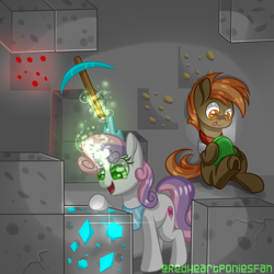 Size: 2000x2000 | Tagged: safe, artist:redheartponiesfan, button mash, sweetie belle, earth pony, pony, unicorn, colt, crown, don't mine at night, female, filly, happy, jewelry, joyboy, magic, male, minecraft, open mouth, pickaxe, regalia, tongue out