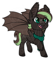 Size: 1221x1323 | Tagged: safe, artist:bluebrush09, oc, oc only, oc:aramintia chip, bat pony, chibi, clothes, commission, cute, raised leg, scarf, simple background, smiling, solo, spread wings, standing, transparent background, unshorn fetlocks, watermark, weapons-grade cute, wings