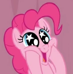 Size: 568x573 | Tagged: safe, derpibooru import, screencap, pinkie pie, earth pony, pony, a trivial pursuit, cropped, cute, diapinkes, excited, female, happy, mare, open mouth, pinkie being pinkie, reaction image, solo, squishy cheeks, starry eyes, wingding eyes