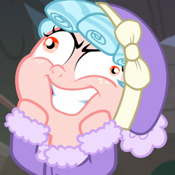 Size: 1000x1000 | Tagged: safe, edit, edited screencap, screencap, cozy glow, pegasus, pony, frenemies (episode), clothes, coat, cozy glow is best facemaker, cropped, faic, female, filly, hat, solo