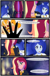 Size: 1500x2250 | Tagged: safe, artist:jase1505, oc, oc only, oc:chronus, oc:solar, oc:sparkling sapphire, human, pony, comic:closure, series:sunlight horizons, equestria girls, comic, crossover, goddess, magical lesbian spawn, offspring, parent:sci-twi, parent:sunset shimmer, parents:scitwishimmer