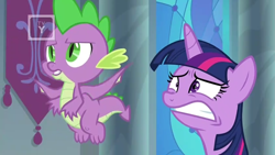 Size: 1366x768 | Tagged: safe, screencap, spike, twilight sparkle, twilight sparkle (alicorn), alicorn, dragon, the beginning of the end, claws, faic, flying, throne room, tv rating, tv-y, winged spike, worried