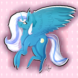 Size: 5808x5808 | Tagged: safe, artist:tealucre, oc, oc:fleurbelle, alicorn, pony, alicorn oc, female, flying, golden eyes, happy, looking up, mare