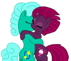 Size: 1222x1038 | Tagged: safe, artist:徐詩珮, fizzlepop berrytwist, glitter drops, tempest shadow, pony, unicorn, my little pony: the movie, base used, broken horn, eye scar, female, glittershadow, horn, hug, kissing, lesbian, mare, scar, shipping