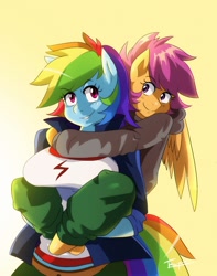 Size: 1260x1601 | Tagged: safe, artist:traupa, derpibooru import, rainbow dash, scootaloo, anthro, pegasus, breasts, clothes, cute, cutealoo, dashabetes, female, mare, piggyback ride, rainboob dash, scootalove, smiling