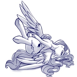 Size: 2000x2000 | Tagged: safe, artist:dimfann, oc, oc only, pegasus, pony, butt, featureless crotch, looking at you, monochrome, on back, plot, simple background, solo, spread wings, white background, wings