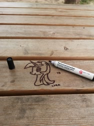 Size: 5472x7296 | Tagged: safe, artist:porschepegasus, lyra heartstrings, pony, unicorn, bench, bust, cute, daytime, drawing on wood, freehand, graffiti, hand drawing, lineart, lyrabetes, marker, marker drawing, marker on wood, no color, outdoors, photo, sideways, solo, table, traditional art, vandalism