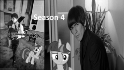 Size: 1280x720 | Tagged: safe, twilight sparkle, twilight sparkle (alicorn), alicorn, human, a hard day's night, black and white, george harrison, grayscale, irl, irl human, monochrome, photo, with the beatles