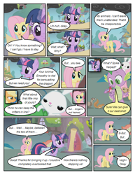 Size: 612x792 | Tagged: safe, artist:newbiespud, derpibooru import, edit, edited screencap, screencap, angel bunny, fluttershy, spike, twilight sparkle, unicorn twilight, dragon, earth pony, ferret, pegasus, pony, rabbit, squirrel, unicorn, comic:friendship is dragons, dragonshy, animal, comic, dialogue, female, glowing horn, grin, horn, lidded eyes, magic, male, map, mare, saddle bag, screencap comic, smiling, smoke, telekinesis