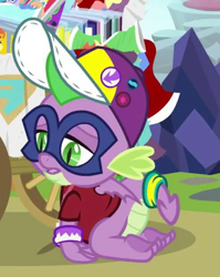 Size: 357x448 | Tagged: safe, screencap, humdrum, spike, dragon, dragon dropped, cap, claws, clothes, cropped, hat, male, mask, power ponies, solo, tail, toes, winged spike, wings