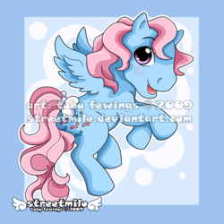 Size: 400x400 | Tagged: safe, artist:streetmilo, wind whistler, pegasus, pony, g1, bow, cute, flying, obtrusive watermark, solo, tail bow, watermark, whistlerbetes