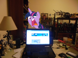 Size: 1278x954 | Tagged: safe, artist:eli-j-brony, artist:pink1ejack, twilight sparkle, twilight sparkle (alicorn), alicorn, pony, every little thing she does, bionicle, computer, crossover, how do you make your neck go like that?, irl, laptop computer, lego, photo, ponies in real life, toa