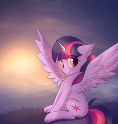 Size: 2121x2231 | Tagged: safe, artist:autumnvoyage, twilight sparkle, twilight sparkle (alicorn), alicorn, pony, alternate eye color, cute, ear fluff, eye clipping through hair, sitting, solo, spread wings, sun, twiabetes, wings