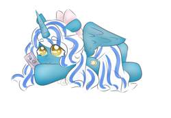 Size: 895x615 | Tagged: safe, artist:linkedwolf, oc, oc:fleurbelle, alicorn, adorabelle, alicorn oc, bow, chibi, cute, female, golden eyes, hair bow, long hair, long mane, long tail, mare, phone, phone screen, prone