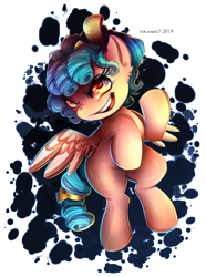 Size: 1317x1772 | Tagged: safe, artist:rocioam7, cozy glow, pegasus, pony, school raze, abstract background, ear fluff, female, filly, freckles, open mouth, pure concentrated unfiltered evil of the utmost potency, solo, spread wings, wingding eyes, wings