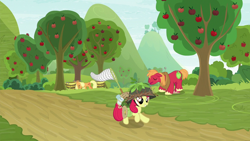 Size: 1280x720 | Tagged: safe, derpibooru import, screencap, apple bloom, applejack, big macintosh, earth pony, pony, going to seed, apple, apple tree, busy, butterfly net, cutie mark, determined, excited, female, filly, floppy ears, foal, freckles, grin, helmet, male, mare, rope, saddle bag, smiling, stallion, sweet apple acres, too cute, tree, unshorn fetlocks