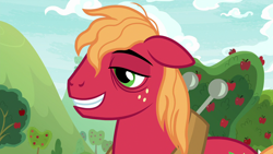 Size: 1280x720 | Tagged: safe, screencap, big macintosh, pony, going to seed, apple, apple tree, bags under eyes, bed mane, messy mane, sleepy, solo, tree