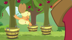 Size: 1280x720 | Tagged: safe, derpibooru import, screencap, applejack, big macintosh, earth pony, pony, going to seed, apple, apple tree, brother and sister, cutie mark, duo, dynamic entry, faceless female, faceless male, female, jump kick, male, mare, ponytail, siblings, stallion, sweet apple acres, tree