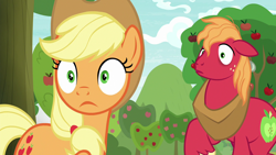 Size: 1280x720 | Tagged: safe, derpibooru import, screencap, applejack, big macintosh, earth pony, pony, going to seed, apple, apple tree, tree