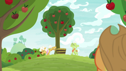 Size: 1280x720 | Tagged: safe, derpibooru import, screencap, applejack, goldie delicious, granny smith, earth pony, pony, going to seed, apple, apple tree, tree