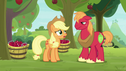 Size: 1920x1080 | Tagged: safe, derpibooru import, screencap, applejack, big macintosh, earth pony, pony, going to seed, apple, apple tree, tree