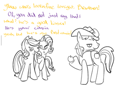 Size: 985x683 | Tagged: safe, artist:ponygoggles, derpibooru import, applejack, braeburn, rarity, earth pony, pony, unicorn, applecest, black and white, braejack, cousin incest, female, grayscale, incest, male, mean girls, monochrome, punctuation error, shipping, straight