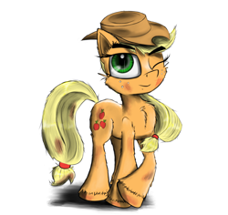 Size: 1250x1180 | Tagged: safe, artist:chopsticks, derpibooru import, applejack, earth pony, pony, cheek fluff, chest fluff, clothes, dirty, ear fluff, female, hat, hoof fluff, looking at you, mare, one eye closed, solo, wink