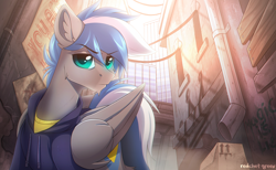 Size: 1748x1080 | Tagged: safe, artist:redchetgreen, oc, oc only, oc:cloud zapper, pegasus, pony, alleyway, city, clothes, graffiti, male, scenery, solo, stallion
