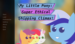 Size: 1312x768 | Tagged: safe, artist:caramel truffle, apple bloom, minuette, scootaloo, sweetie belle, earth pony, pegasus, pony, unicorn, chibi, cutie mark crusaders, pointy ponies, preview, professor genki's super ethical reality climax, promotional art, saints row, text, visual novel