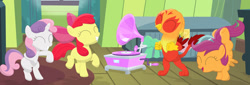 Size: 1534x521 | Tagged: safe, artist:porygon2z, apple bloom, scootaloo, sweetie belle, oc, oc:heatwave, griffon, chickub, cutie mark crusaders, dancing, gramophone