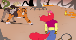 Size: 1280x687 | Tagged: safe, artist:matchstickman, apple bloom, chimera sisters, anthro, chimera, earth pony, somepony to watch over me, apple brawn, back muscles, clothes, comic, deltoids, female, fingerless gloves, fire swamp, gloves, jeans, mare, matchstickman's apple brawn series, multiple heads, muscles, older, older apple bloom, pants, shirt, single panel, three heads, triceps, tumblr comic, tumblr:where the apple blossoms