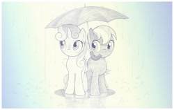 Size: 1191x759 | Tagged: safe, artist:sherwoodwhisper, button mash, sweetie belle, earth pony, pony, unicorn, colt, female, filly, male, mouth hold, rain, shipping, straight, sweetiemash, traditional art, umbrella