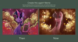 Size: 2960x1600 | Tagged: safe, artist:my-magic-dream, twilight sparkle, unicorn twilight, firefly (insect), pony, unicorn, book, comparison, draw this again, japanese, redraw, solo
