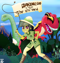 Size: 2000x2072 | Tagged: safe, artist:theretroart88, daring do, dinosaur, human, sauropod, tyrannosaurus rex, equestria girls, boots, clothes, cover, female, feminism, hat, pants, pith helmet, prehistoric, scenery, shirt, shoes, volcano, whip