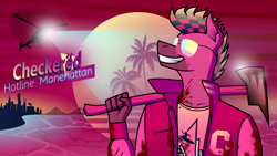 Size: 3840x2160 | Tagged: safe, artist:checkered, oc, oc only, oc:checkered, anthro, earth pony, 80's style, 80's-ish, abstract background, axe, beach, blood, bridge, city, clothes, helicopter, hotline miami, jacket, manehattan, outrun, palm tree, police helicopter, retro, skyline, solo, spotlight, summer, sun, sunglasses, sunset, text, tree, weapon