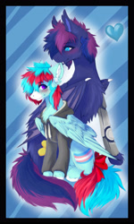 Size: 2255x3753 | Tagged: safe, artist:akamaraa, oc, oc:bitmaker, oc:spectrum, bat pony, pegasus, pony, amputee, biting, blushing, clothes, ear bite, gay, hoodie, male, prosthetic limb, prosthetics, shipping, transgender pride flag