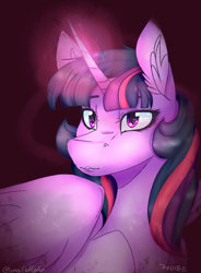 Size: 1010x1370 | Tagged: safe, artist:sm0lfluffyfox, twilight sparkle, twilight sparkle (alicorn), alicorn, pony, close-up, eye reflection, eyelashes, glowing horn, lips, reflection, signature, simple background, solo