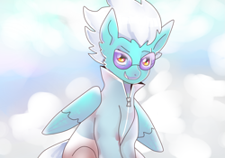 Size: 1789x1255 | Tagged: safe, artist:starmischief, fleetfoot, pegasus, pony, clothes, cloud, female, mare, solo, sunglasses, wings