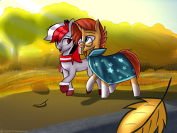 Size: 2000x1500 | Tagged: safe, artist:endelthepegasus, sunburst, oc, oc:rifey, earth pony, pony, unicorn, autumn, beard, canon x oc, cape, clothes, facial hair, female, glasses, grass, male, open mouth, robe, scarf, socks (coat marking), stallion, sunburst's glasses, sunburst's robe, talking, tree