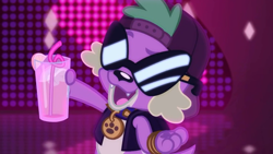 Size: 1920x1080 | Tagged: safe, screencap, spike, spike the regular dog, dog, better together, equestria girls, i'm on a yacht, backwards ballcap, baseball cap, beverage, cap, food, glass, hat, juice, lemon, lemonade, male, neon eg logo, paws, rapper spike, spike's dog collar, straw, sunglasses