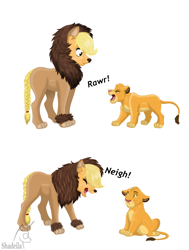 Size: 3504x4632 | Tagged: safe, artist:shadeila, derpibooru import, applejack, big cat, earth pony, lion, pony, scare master, animal costume, applelion, clothes, comic, costume, crossover, cub, cute, dialogue, disney, duo, eyes closed, horse noises, jackabetes, neigh, nightmare night costume, open mouth, rawr, simba, the lion king, this will end in tears