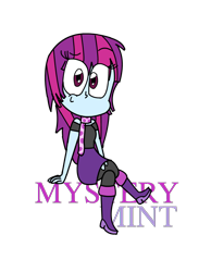 Size: 864x1115 | Tagged: safe, artist:mintyfresh103, mystery mint, equestria girls, background human, clothes, crossed legs, female, mysterybetes, scarf, simple background, sitting, solo, transparent background