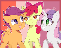 Size: 1902x1500 | Tagged: safe, artist:stuwor-art, apple bloom, scootaloo, sweetie belle, earth pony, pegasus, pony, unicorn, growing up is hard to do, abstract background, cutie mark, cutie mark crusaders, female, mare, older, older apple bloom, older cmc, older scootaloo, older sweetie belle, the cmc's cutie marks