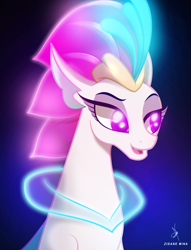 Size: 2200x2880 | Tagged: safe, artist:zidanemina, queen novo, seapony (g4), my little pony: the movie, blue background, bust, collar, crown, digital art, eyelashes, eyeshadow, female, fin wings, fins, glowing, glowing eyes, high res, jewelry, lidded eyes, looking sideways, makeup, neon, neon colors, ocean, open mouth, portrait, purple eyes, regalia, seaquestria, signature, simple background, smiling, solo, underwater, water, wings