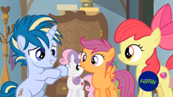 Size: 1745x981 | Tagged: safe, screencap, apple bloom, scootaloo, skeedaddle, sweetie belle, earth pony, pegasus, pony, unicorn, the last crusade, coat rack, cutie mark crusaders, discovery family logo, wardrobe