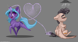 Size: 3250x1750 | Tagged: safe, artist:skitsroom, oc, oc only, oc:eleane tih, oc:mayata, pegasus, pony, unicorn, angry, blushing, chibi, cloud, cute, eyes closed, female, frown, happy, heart, heart eyes, horn, looking back, love, magic, mare, open mouth, raised hoof, shipping, simple background, sitting, smiling, telekinesis, wingding eyes, wings